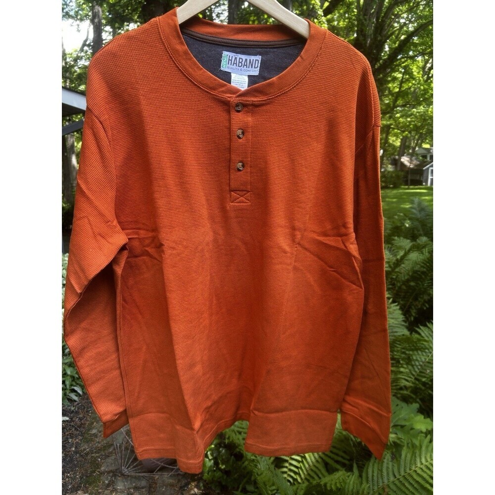 New Haband Henley Waffle Weave Shirt Size XL Orange Long Sleeve Thermal Preppy - Picture 2 of 7